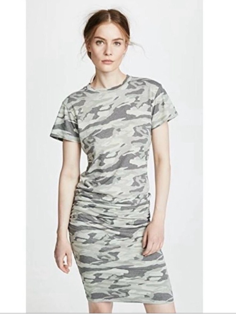Monrow Camo Short Sleeve Midi Dress in Gray and Olive Size L